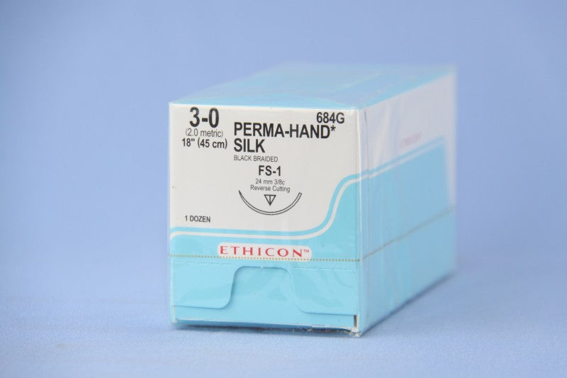 J&J Ethicon 684G Perma-Hand Silk Black Braided Non-Absorbable Sutures FS1 3-0 18 J&J Ethicon 684G Perma-Hand Silk Black Braided Non-Absorbable Sutures FS1 3-0 18